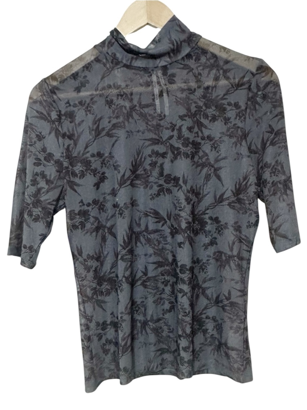 By Anthropologie Sheer Floral Mesh Half Sleeve Mock Neck Top Grey Blue Medium M - Picture 2 of 6